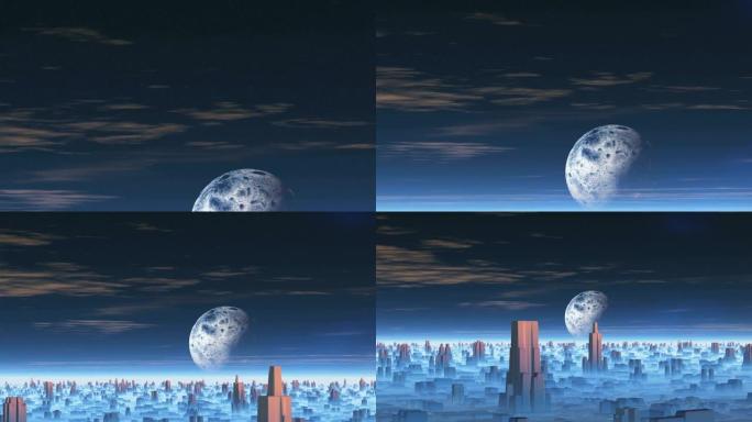 外星城市上空的巨大月亮
