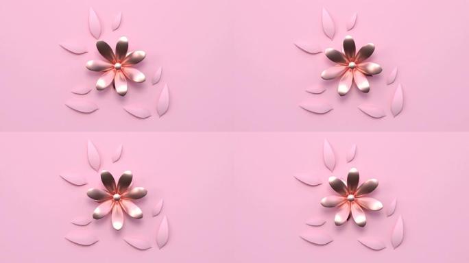 最小抽象运动动画金属玫瑰金形状3d渲染粉色场景平躺花圣诞假期概念