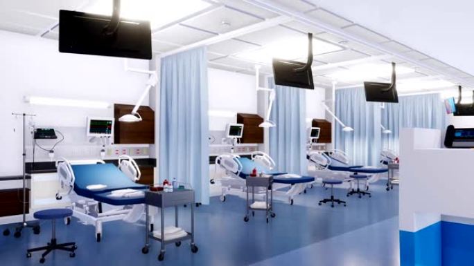 现代急诊室3D动画中的空病床