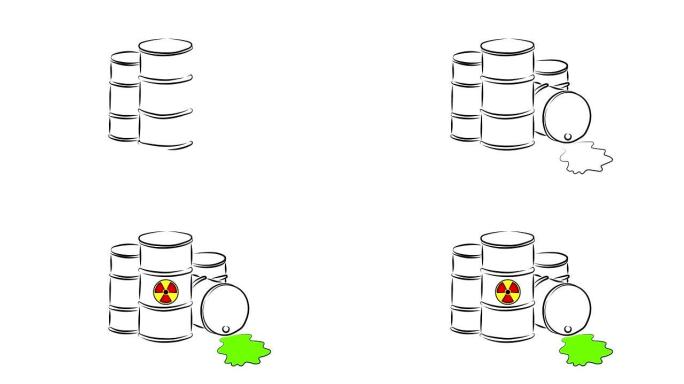 动画。在白色背景上储存液体的桶。放射性物质。腐蚀性物质。