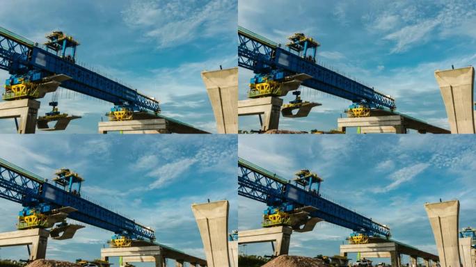 延时; 施工现场和工人，使用发射桁架在现场装载高速公路收费公路的结构。
