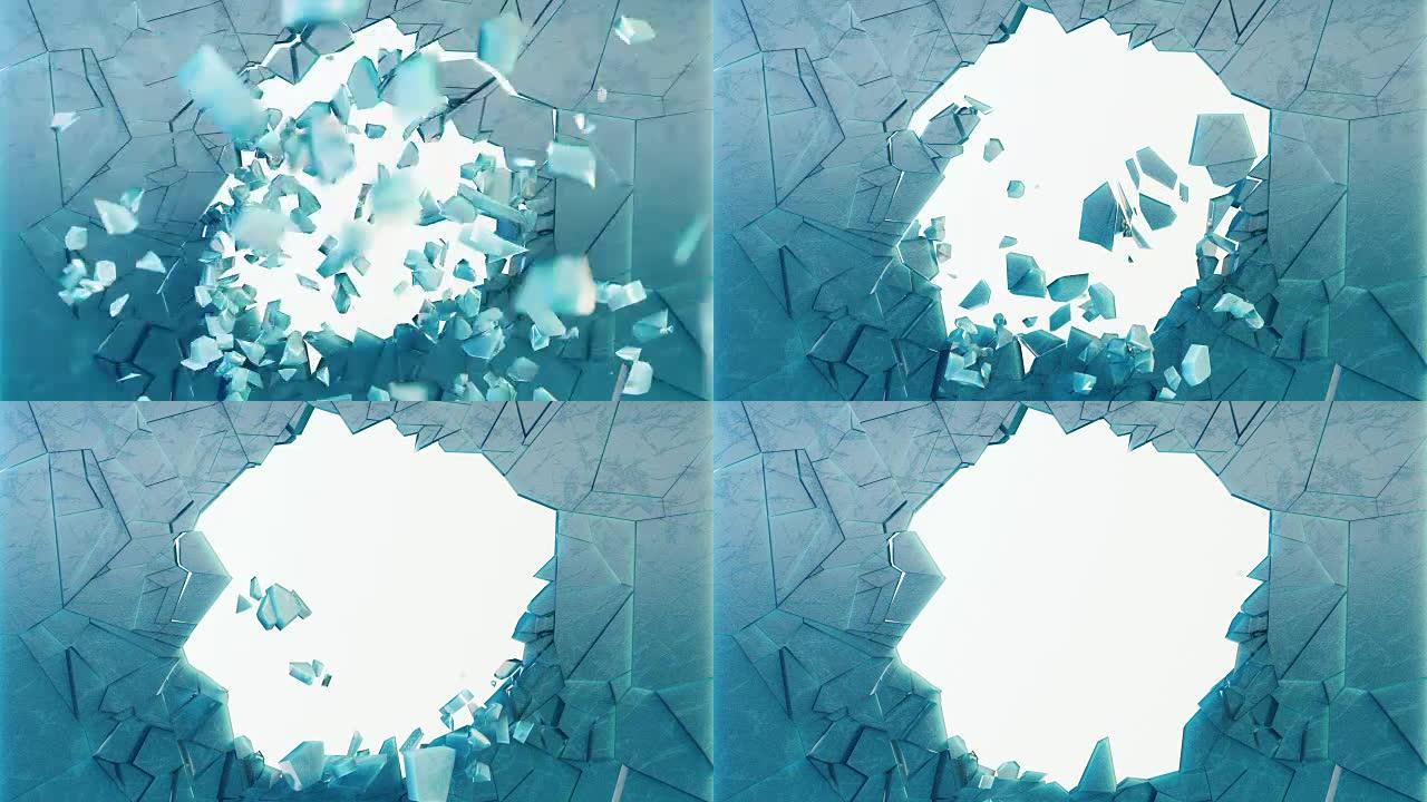 3d渲染，爆炸，破碎的冰壁，破裂的地球，弹孔，破坏，带体积光线的抽象背景。