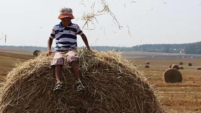 干草堆上的男孩在干草堆上扔了，村里的农民男孩