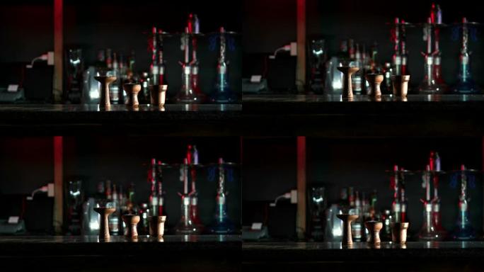 三个水烟碗在水烟酒吧的酒吧里，特写镜头。