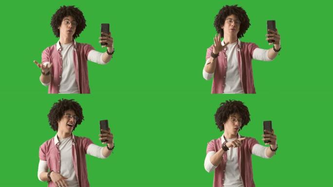 男子使用手机进行绿底视频通话