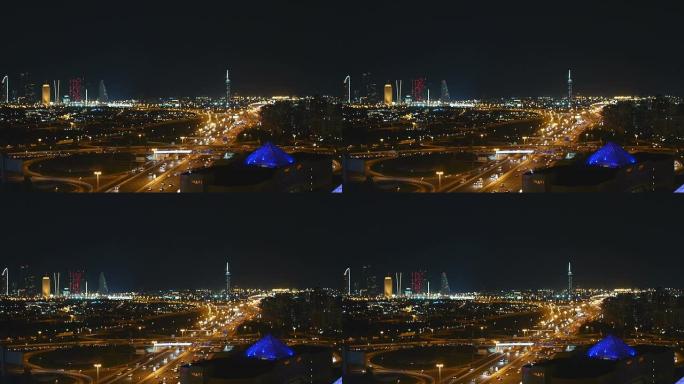 迪拜摩天大楼的夜景。