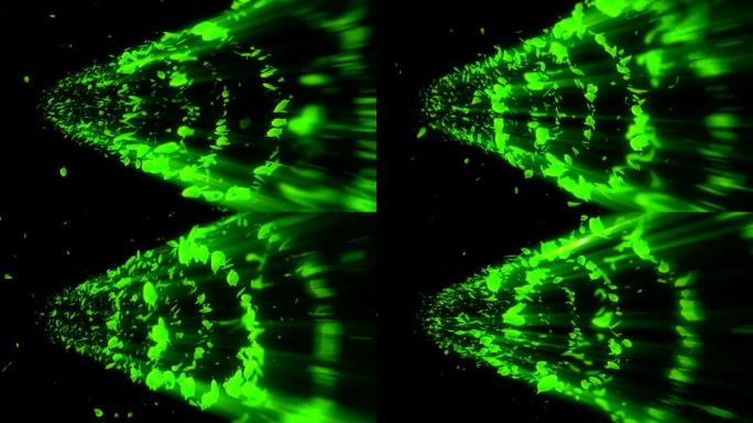 绿叶的漩涡。季节性叶子的螺旋闪亮颗粒。跳舞的叶子。多彩自然隧道循环动画。