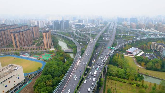 杭州上城区石德立交桥高架桥车流风景视频素