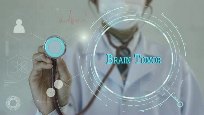 脑瘤。医生在医学背景上使用听诊器。
