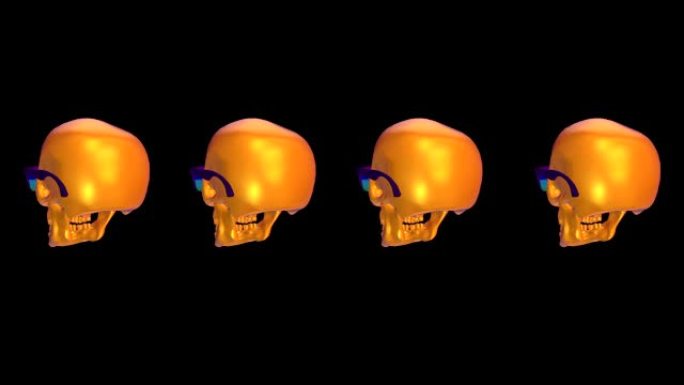 带有旋转的彩色金色头骨的抽象背景。艺术项目生动的创作构图。数字3d动画。