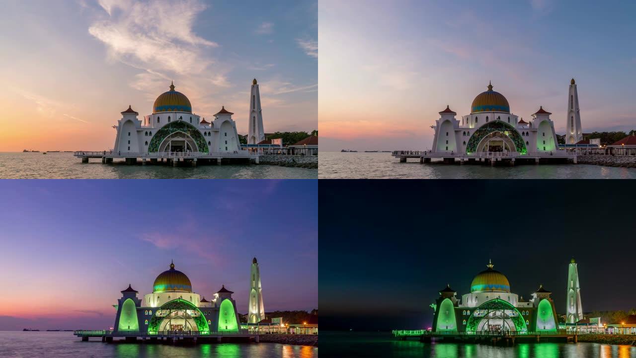 马六甲海峡清真寺白天到晚上日落时间