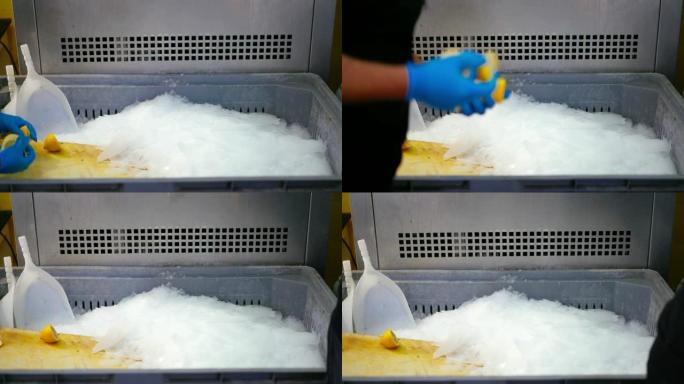 冷冻新鲜海鱼制冰机。碎冰。鱼类产业。海鲜市场