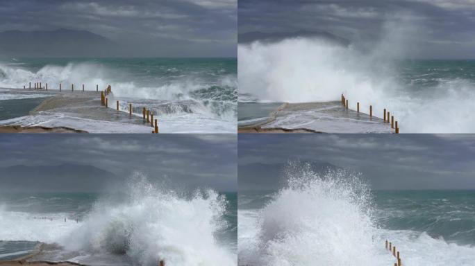 巨浪在石岸决裂，慢动作
