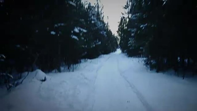 在寒冷的冬夜，一个害怕的人在森林中奔跑或逃跑的手持镜头