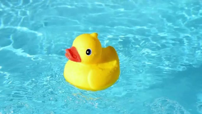 在夏日的灯光下，黄色的橡皮鸭可以在水池的波光粼粼的清澈水中放松地漂流。