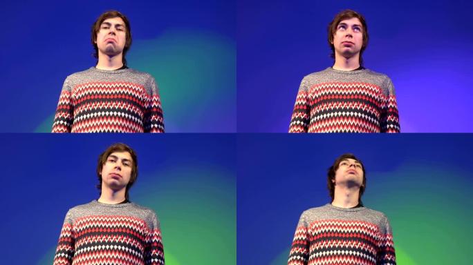 穿着休闲毛衣的高加索人的肖像表示赞同并积极点头。