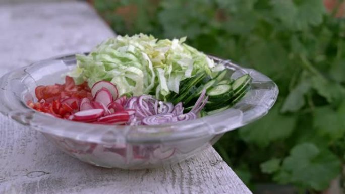 新鲜切碎的夏季沙拉。玻璃沙拉碗中的许多美味蔬菜-黄瓜，生菜，萝卜，西红柿，红洋葱