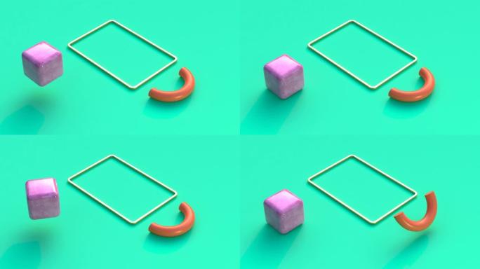 绿色地板抽象运动图形3d渲染粉色金色橙色几何形状