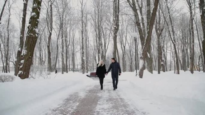 美丽的年轻夫妇牵手走在公园里