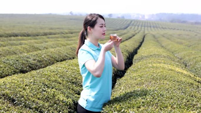 中国年轻女子在茶园喝茶