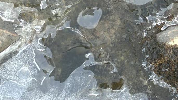 溪流在冰壳下流动。