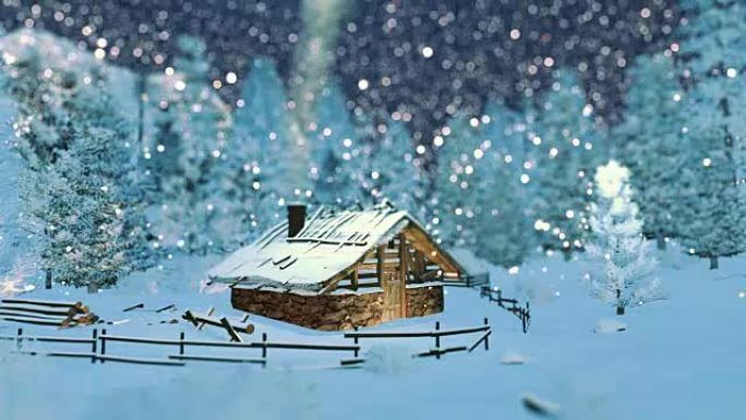 降雪之夜山上舒适的小木屋