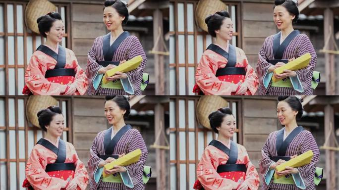 村里穿着传统和服的日本妇女