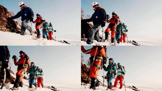 经验丰富的登山者和他训练有素的团队在满满的弹药中处于白雪皑皑的山坡上。他用特殊的钩子检查他们脚下的积