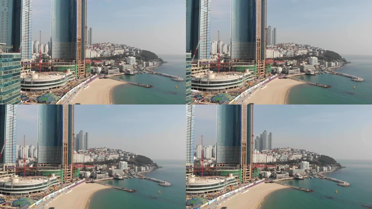 韩国釜山/2018年12月26日-美丽的海云台海滩鸟瞰图