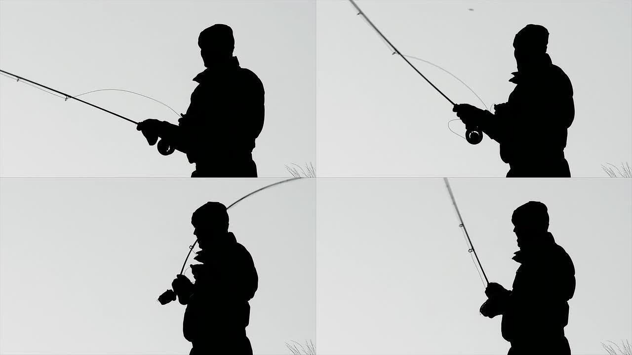 一名男子在河里钓鱼的慢动作镜头，对着天空倾斜