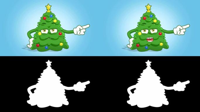 卡通圣诞树右指针抱怨用脸动画阿尔法哑光说话