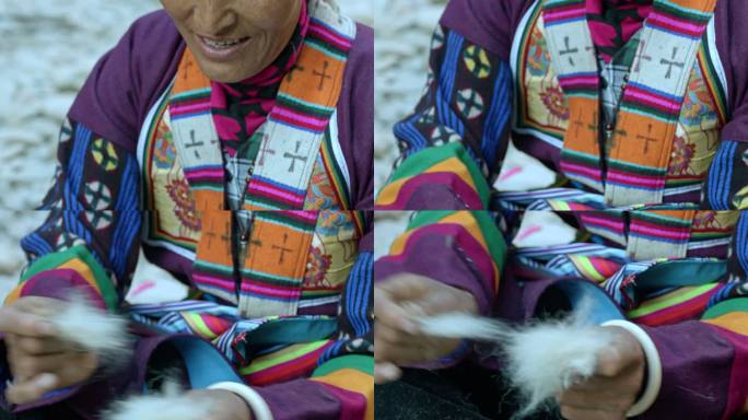 藏族妇女揪捡羊毛纺线劳作手工干活
