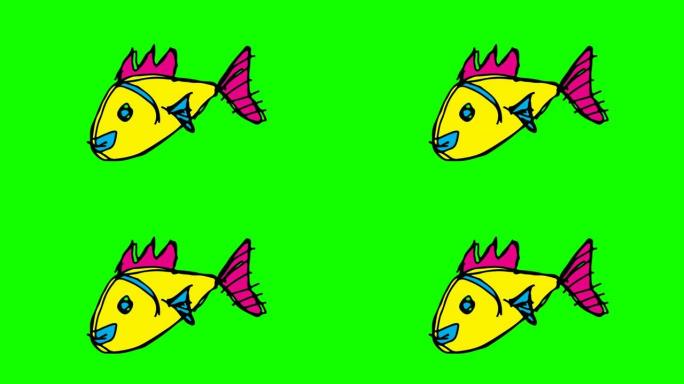 孩子们画以鱼为主题的绿色背景