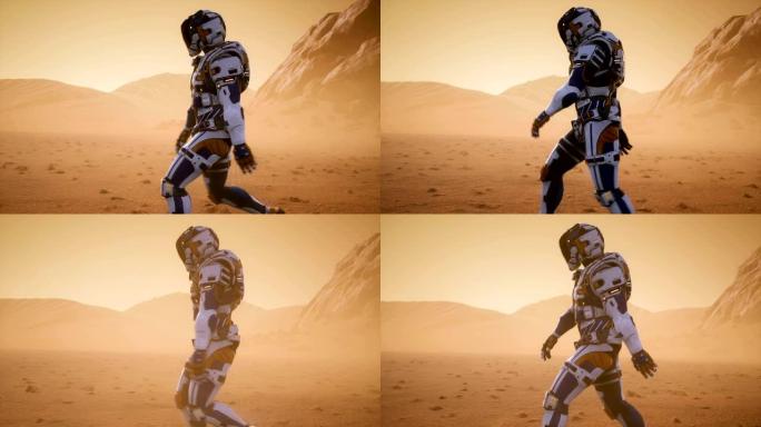 宇航员在火星表面行走，穿越尘暴。火星表面的全景景观。现实的电影动画。