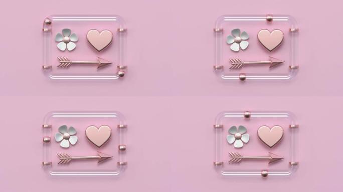 粉色平躺场景金属金色形状最小抽象运动3d渲染花心箭头玻璃框节日爱情情人节概念