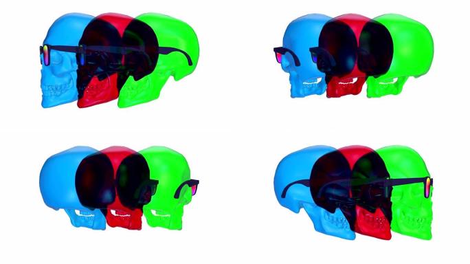 抽象背景与旋转彩色头骨太阳镜。艺术项目生动的创作构图。数字3d动画。