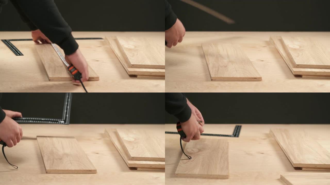 手持用于测量胶合板的柔性标尺的人的手的侧视图。木匠用角尺测量工件后