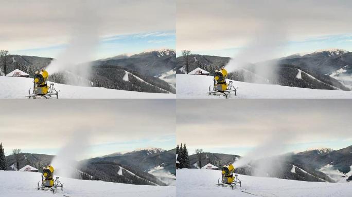 雪机枪在滑雪坡上。延时