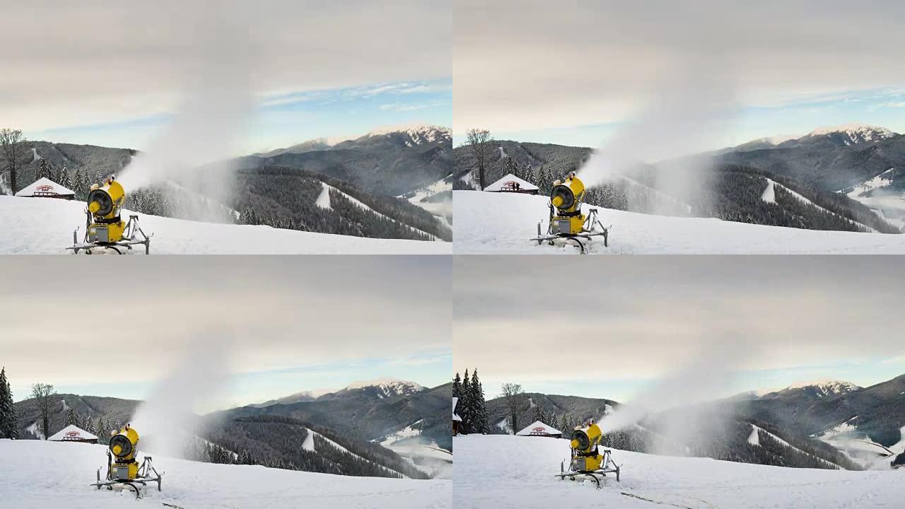 雪机枪在滑雪坡上。延时