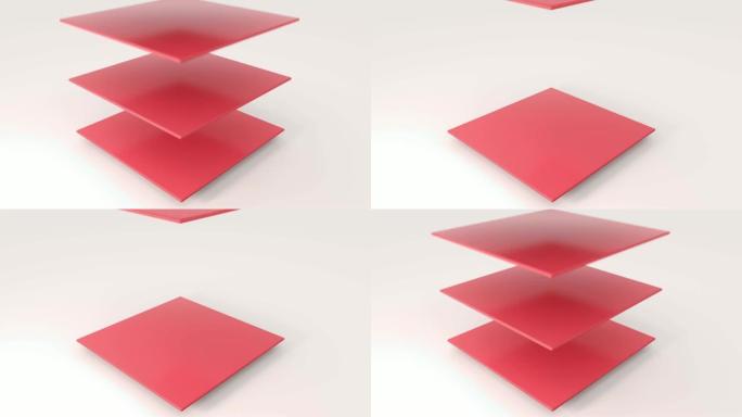 设置不同颜色的平面剥面和旋转几何形状对象。4k无缝循环动画素材。