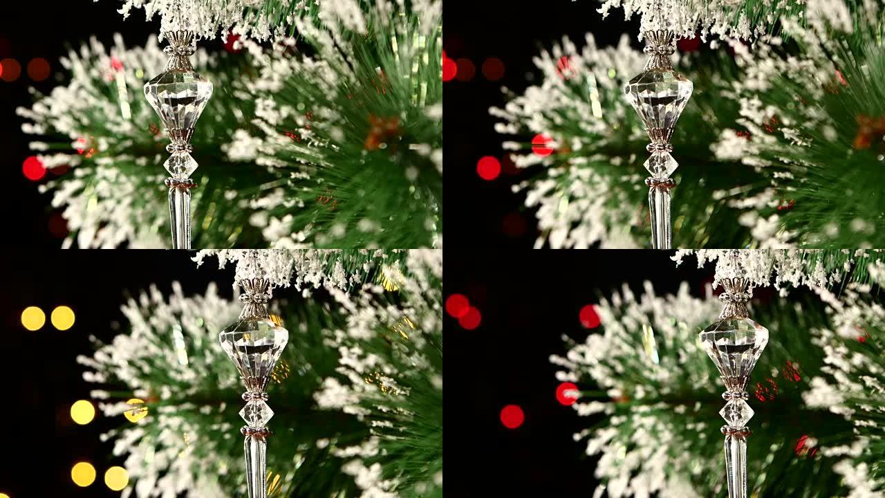 不寻常的装饰-圣诞树上的水晶玩具，bokeh，光，黑色，花环，特写，凸轮向左移动