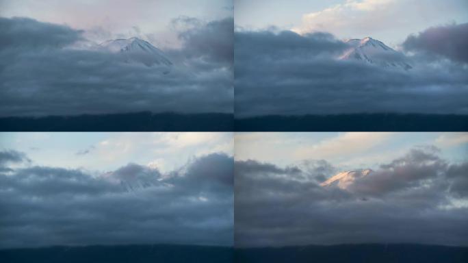 延时富士山在川口湖移动的云层上移动