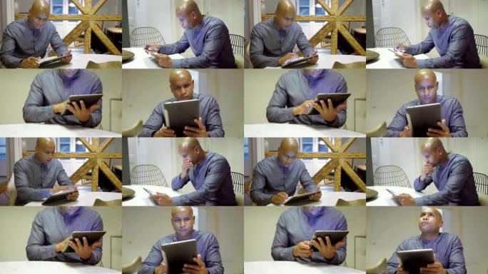 年轻的非洲裔美国人在平板电脑上发短信，微笑的拼贴画