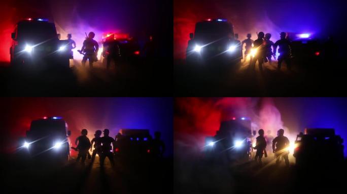 一辆警车在雾中追赶一辆汽车。911紧急反应警车超速驶往犯罪现场。有选择性的重点