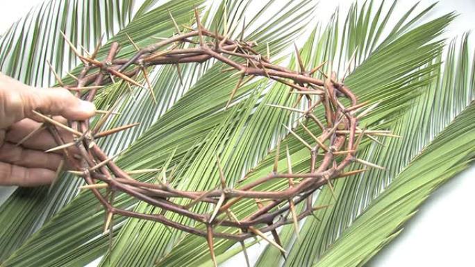 人类将荆棘冠冕放在棕榈树枝上