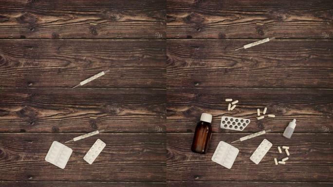 木制桌子上的药丸和药物-停止运动