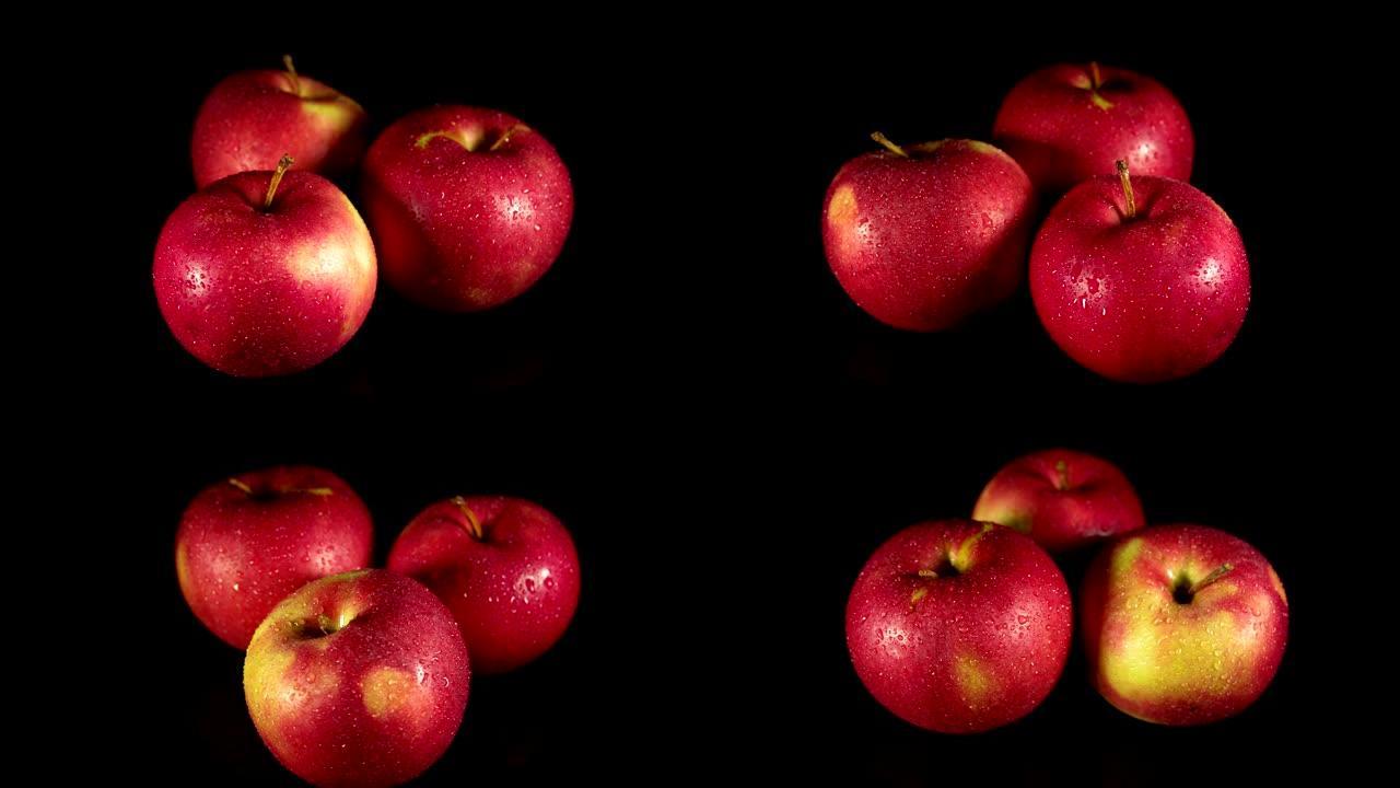 湿红苹果正在黑色背景上转动。