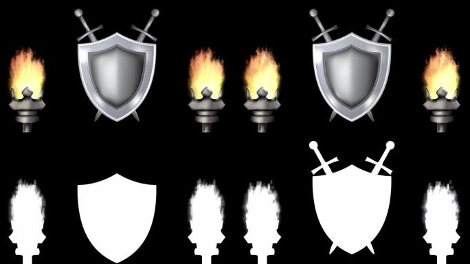 带有燃烧的火炬，盾牌和剑的动画。阿尔法通道包括