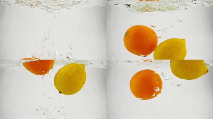 明亮的柠檬和橙子随着气泡落入水中。在孤立的白色背景上慢动作的水果柑橘。