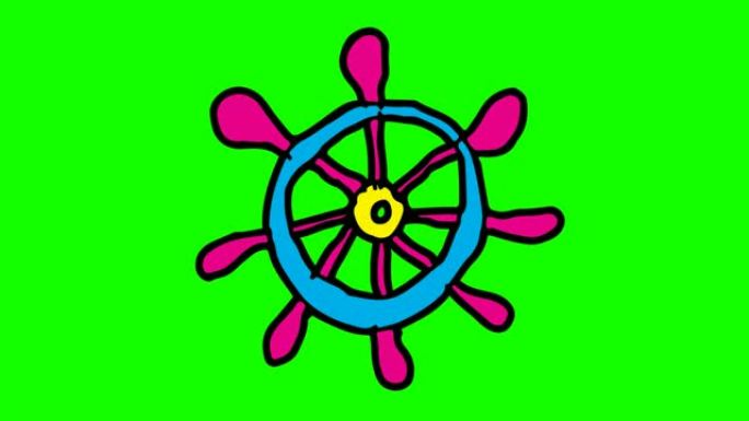 以船舶轮为主题的儿童画绿色背景